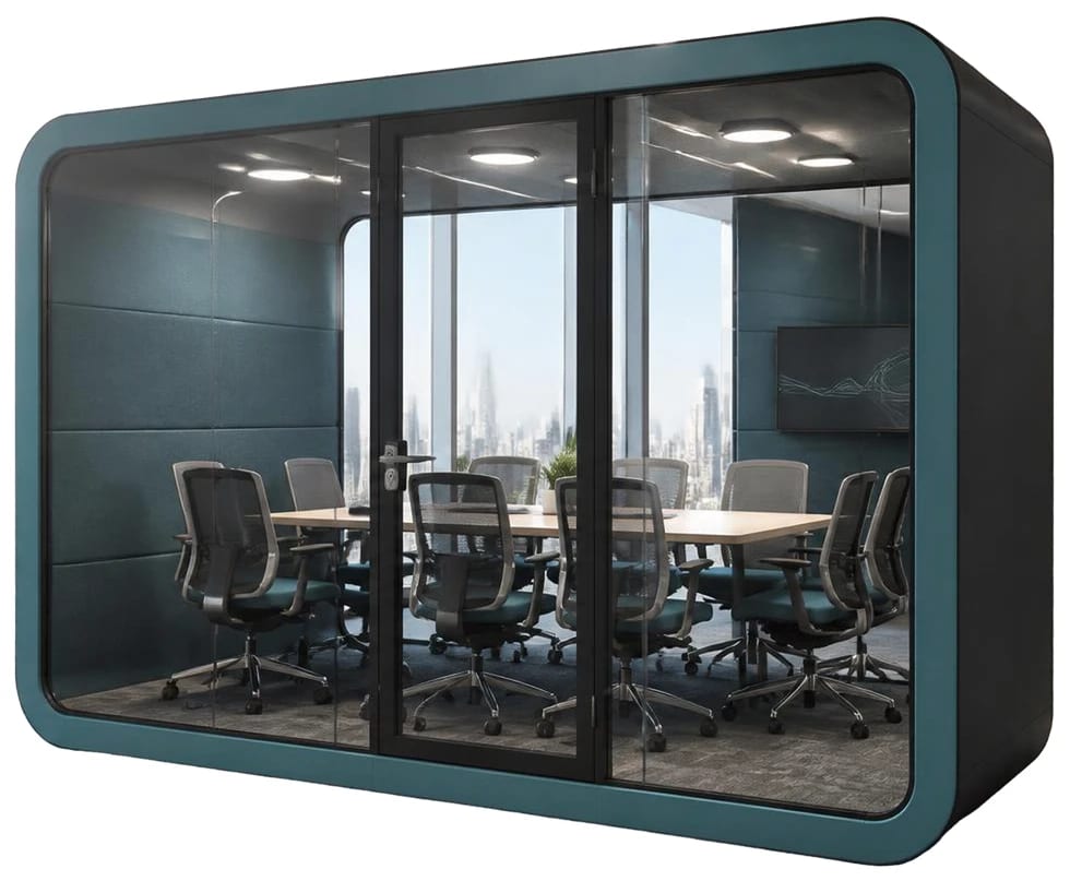 Meeting Pod 1–7 with teal frame, shown with boardroom table and chairs