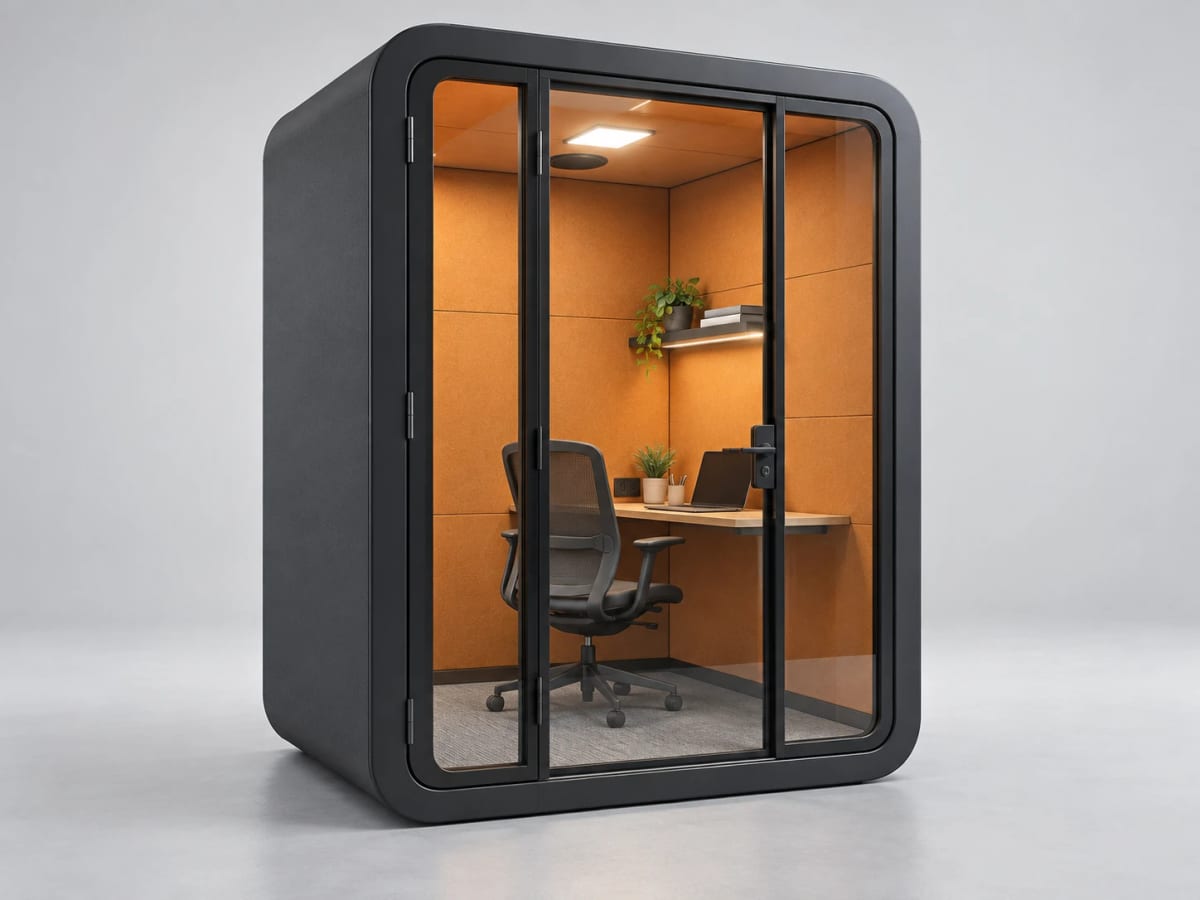 Focus Work Capsule, black shell with orange acoustic interior, shown with desk and office chair