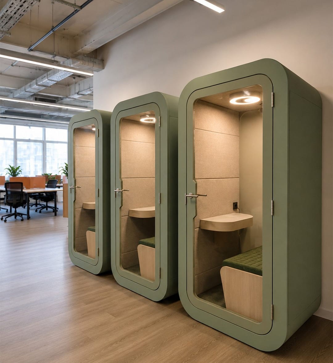 Three sage green work pods
